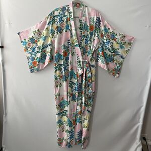 Joli Kimono Robe Floral Scenic Print Wide Sleeve Pink White Japan Est Size L/XL